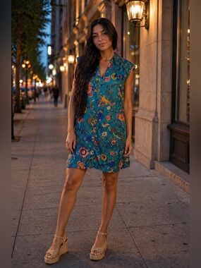 Forever21 Contemporary Dress in teal Sz M floral tropical summery